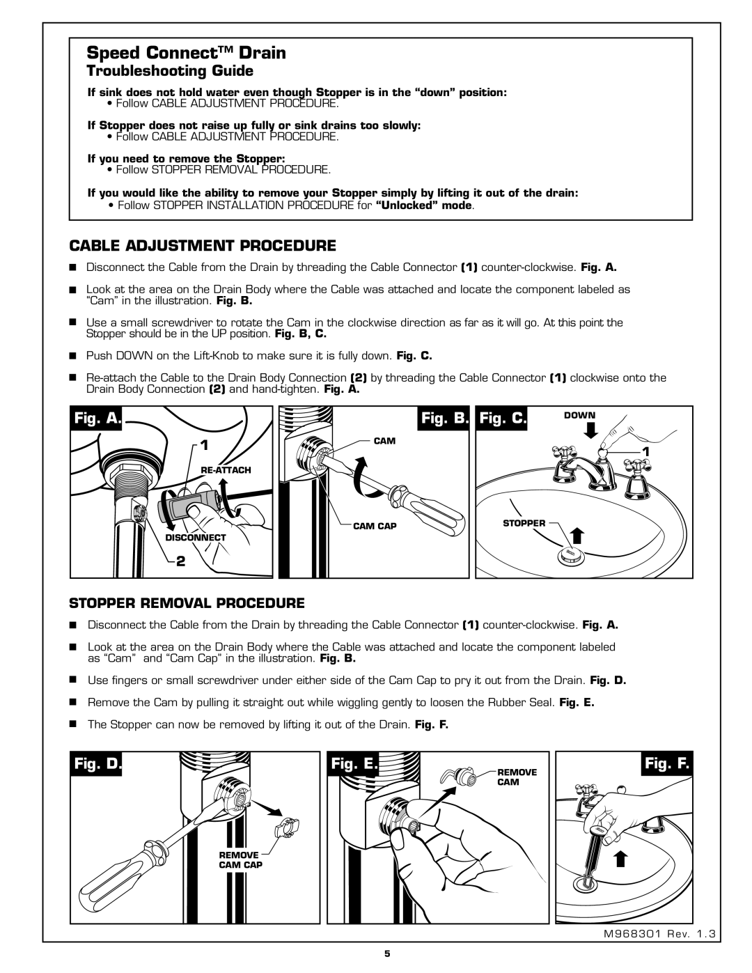 American Standard 2373.821 Troubleshooting Guide, Cable Adjustment Procedure, Fig. A, Fig. B. Fig. C, Fig. D, Fig. E 