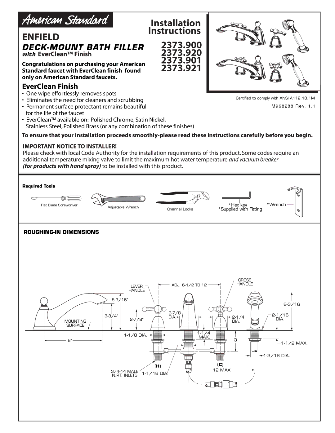 American Standard 2373.901, 2373.920 installation instructions ROUGHING-IN Dimensions, M968288 Rev, Required Tools 