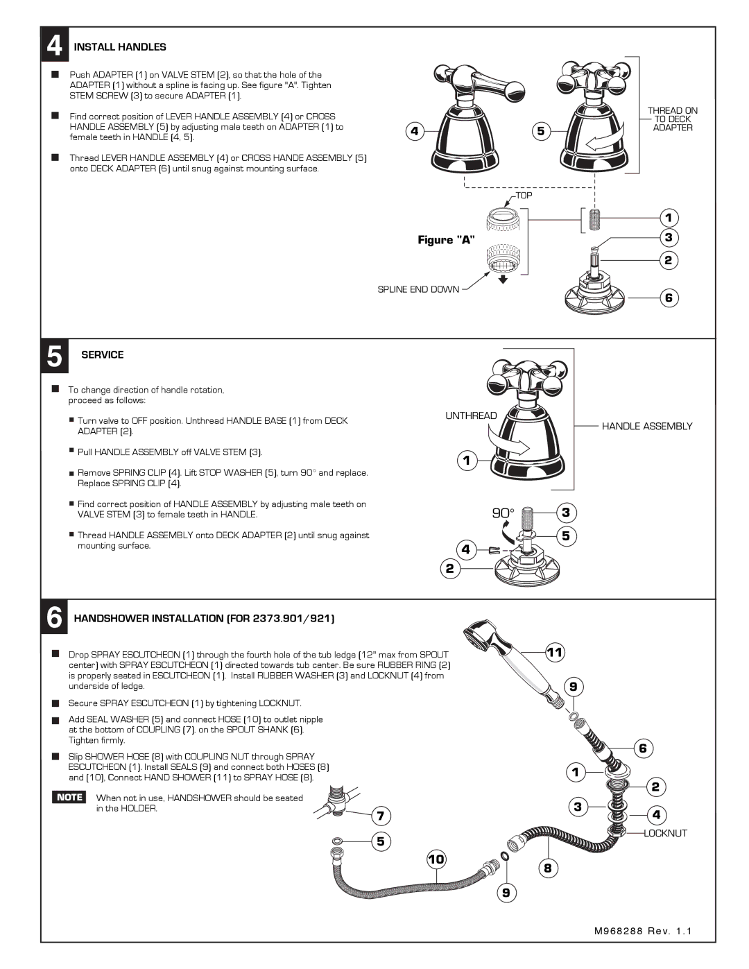 American Standard 2373.900, 2373.920, 2373.921 Install Handles, Service, Handshower Installation for 2373.901/921 