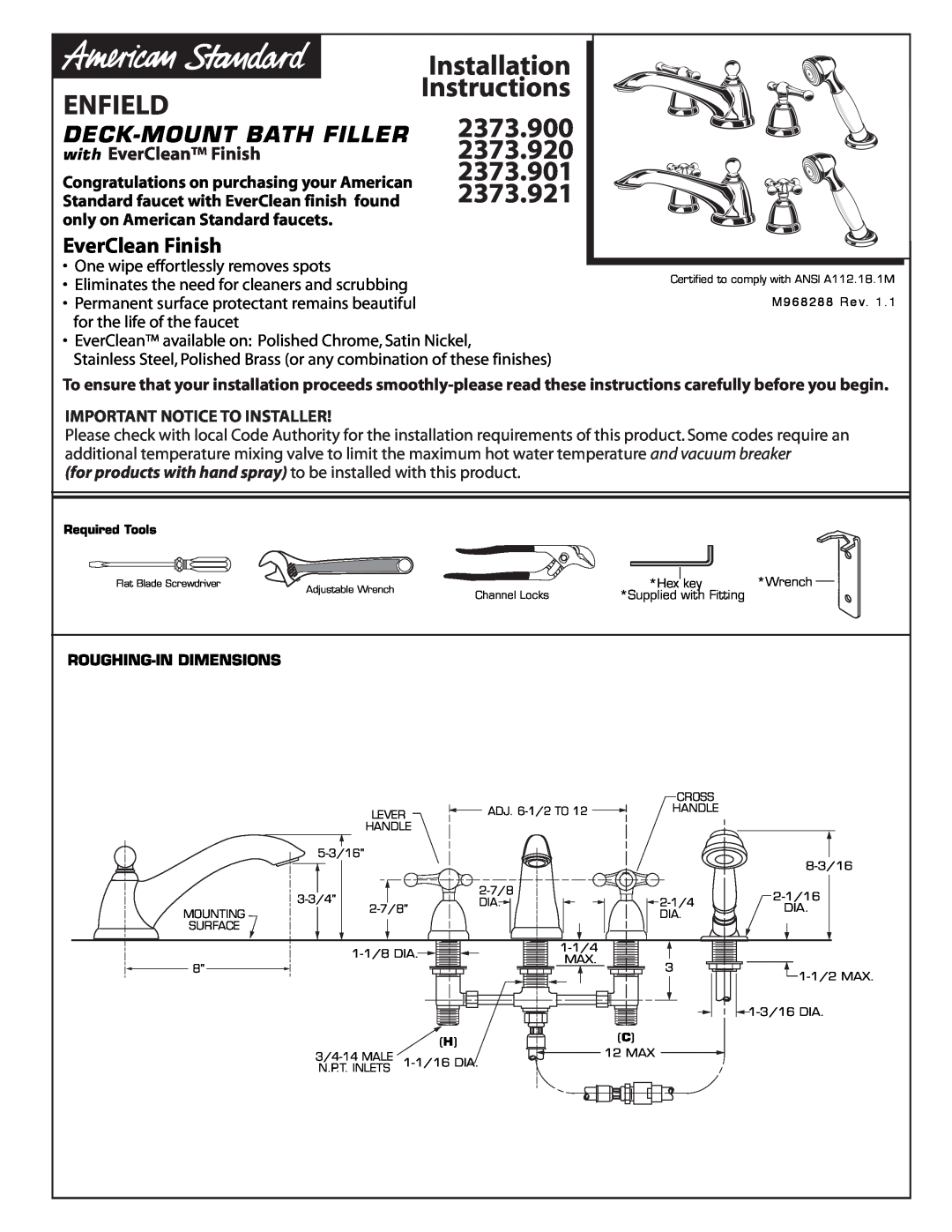 American Standard 2373.901 installation instructions Enfield, 2373.900, Installation Instructions, Deck-Mountbath Filler 