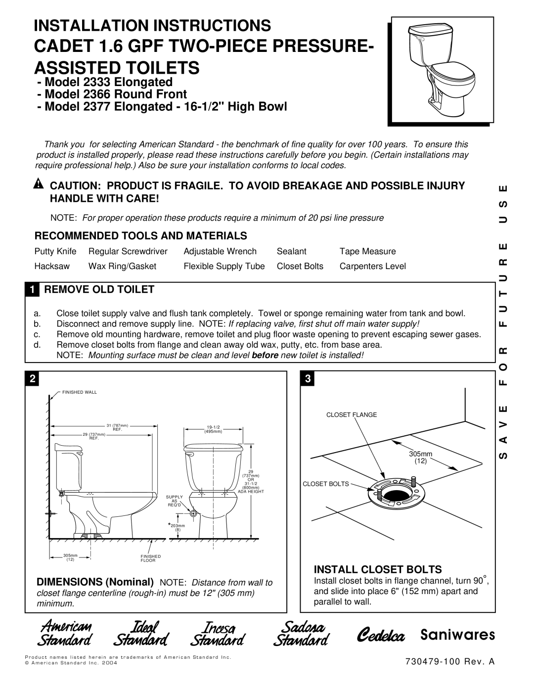 American Standard 2366 installation instructions Recommended Tools and Materials, Remove OLD Toilet, F U T U R E U S E 