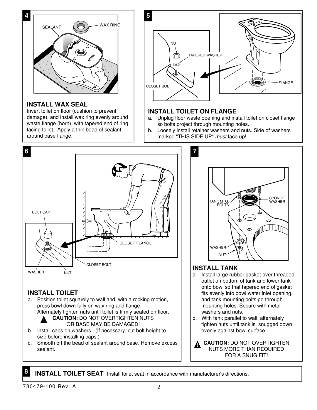 American Standard 2377, 2366 installation instructions Install WAX Seal, Install Toilet on Flange, Install Tank 