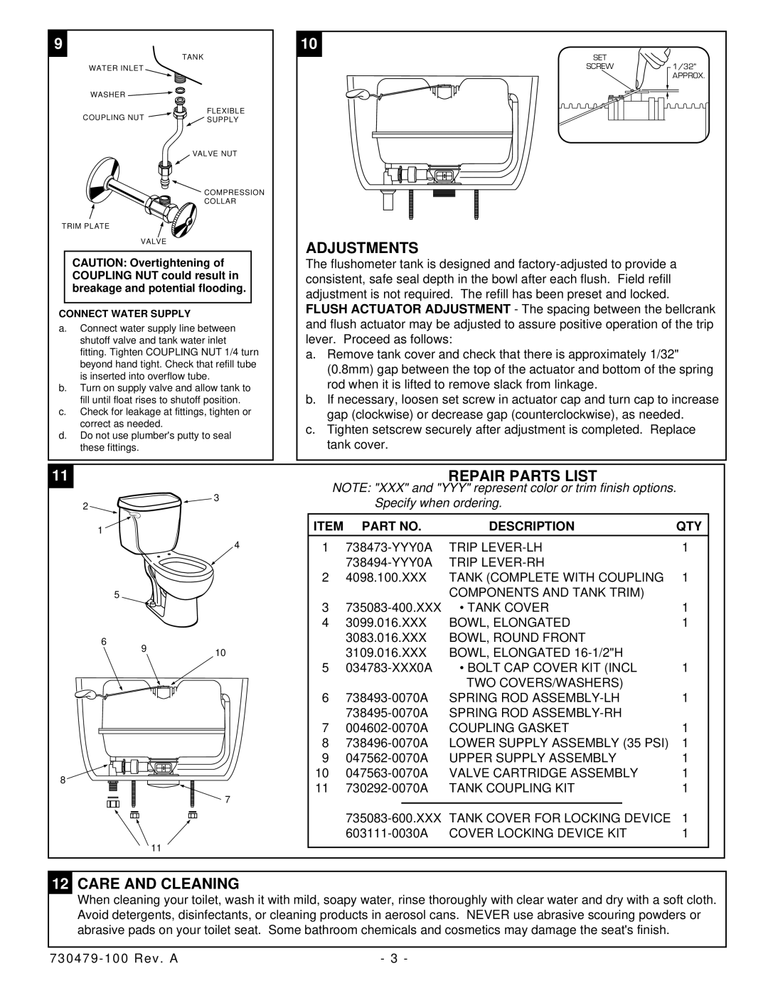 American Standard 2366, 2377 installation instructions Adjustments, Repair Parts List, Care and Cleaning, Description QTY 