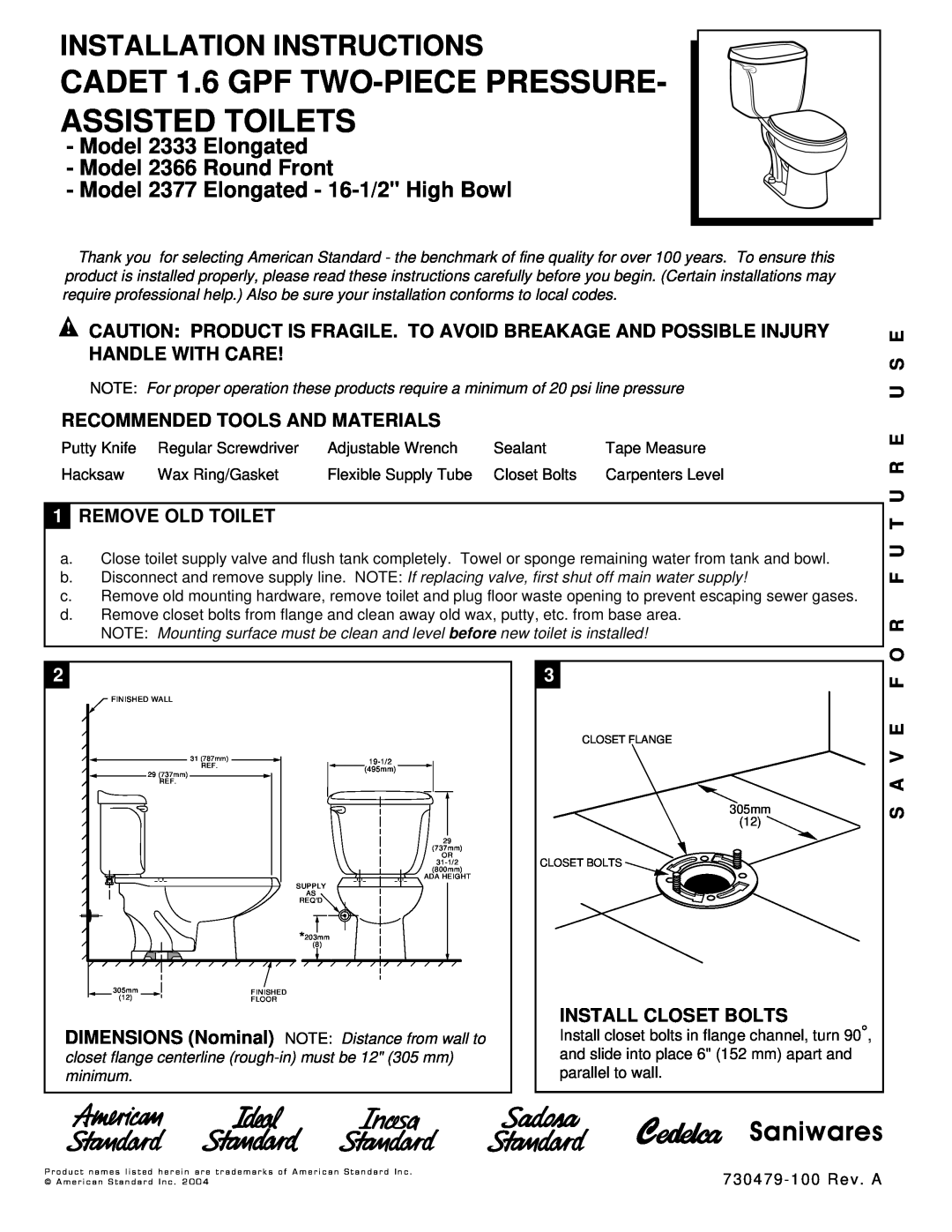 American Standard 2366 installation instructions Recommended Tools And Materials, 1REMOVE OLD TOILET, S A V E F, Saniwares 