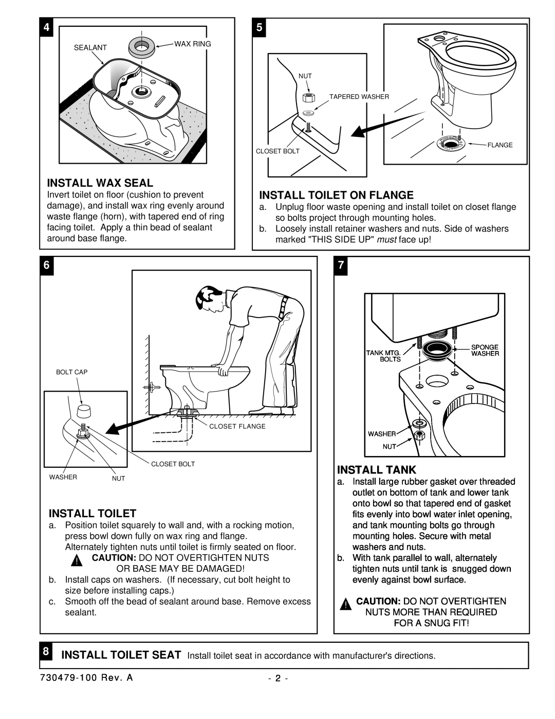American Standard 2377, 2366 installation instructions Install Wax Seal, Install Toilet On Flange, Install Tank 