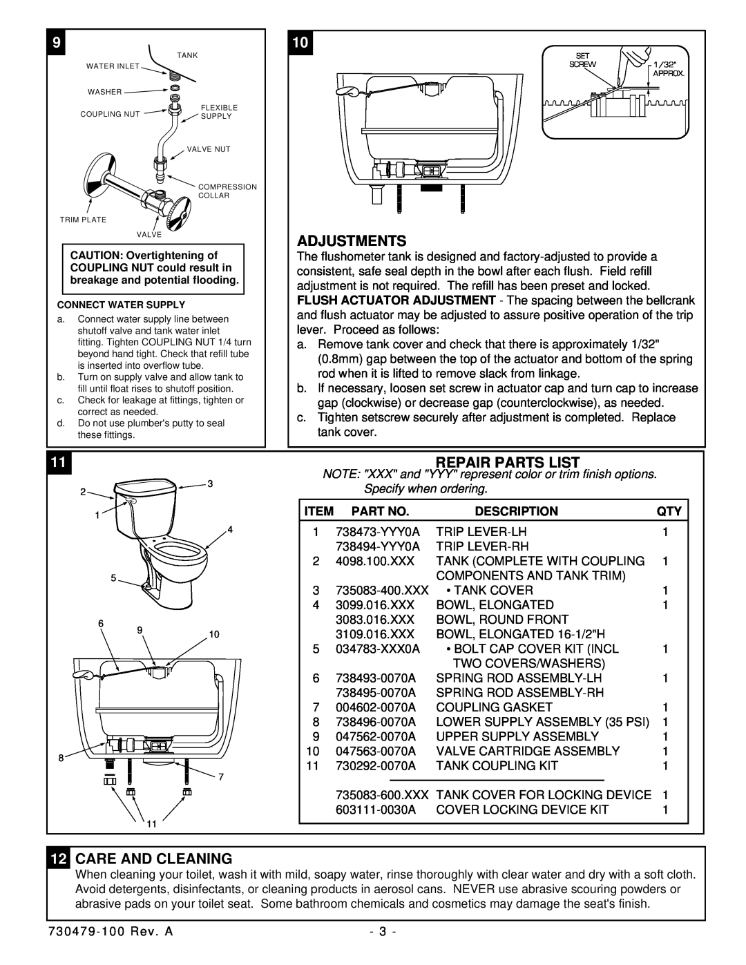American Standard 2366, 2377 installation instructions Adjustments, Repair Parts List, 12CARE AND CLEANING, Description 