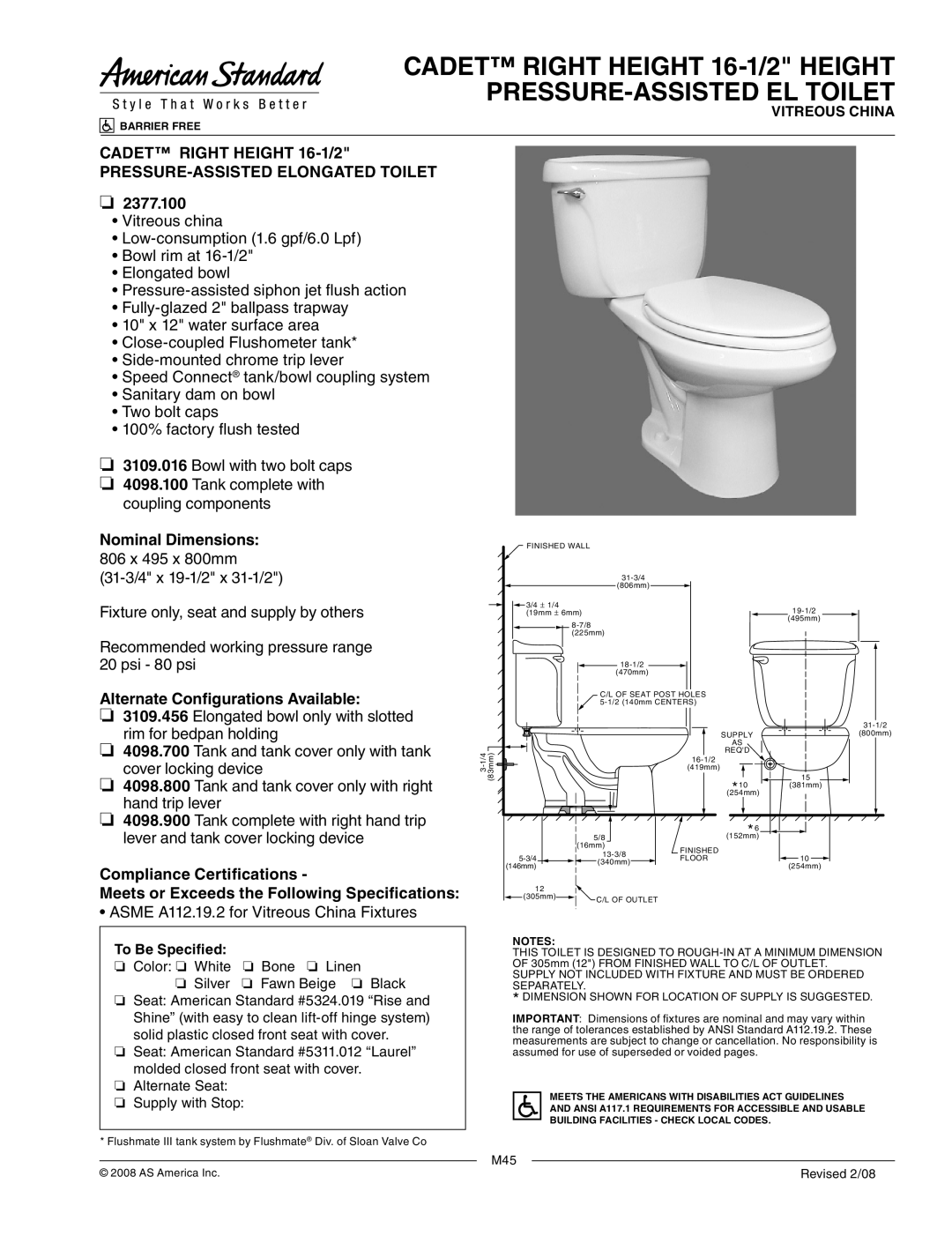 American Standard 3109.016 dimensions 2377.100, Nominal Dimensions, Alternate Configurations Available 