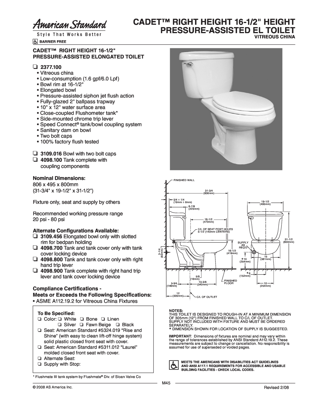 American Standard 3109.016 dimensions CADET RIGHT HEIGHT 16-1/2HEIGHT, Pressure-Assistedel Toilet, Nominal Dimensions 