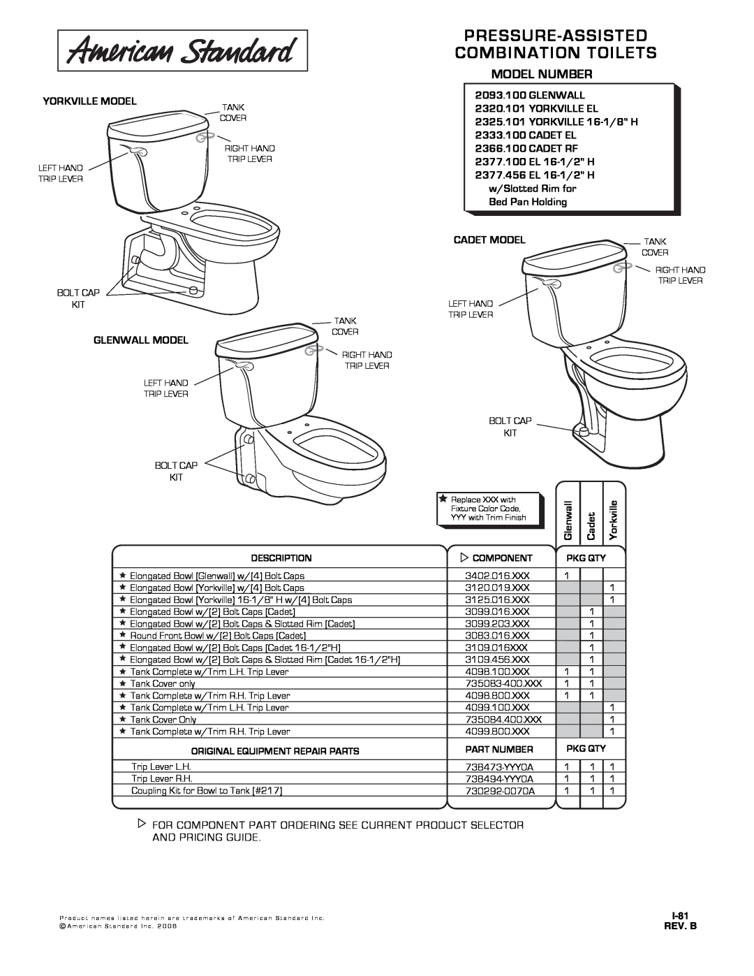 American Standard 2333.100 manual Pressure-Assistedcombination Toilets, Yorkville Model, GLENWALL 2320.101 YORKVILLE EL 