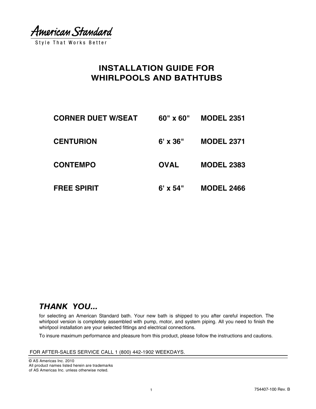 American Standard 2371, 2383, 2466, 2351 manual Thank YOU 