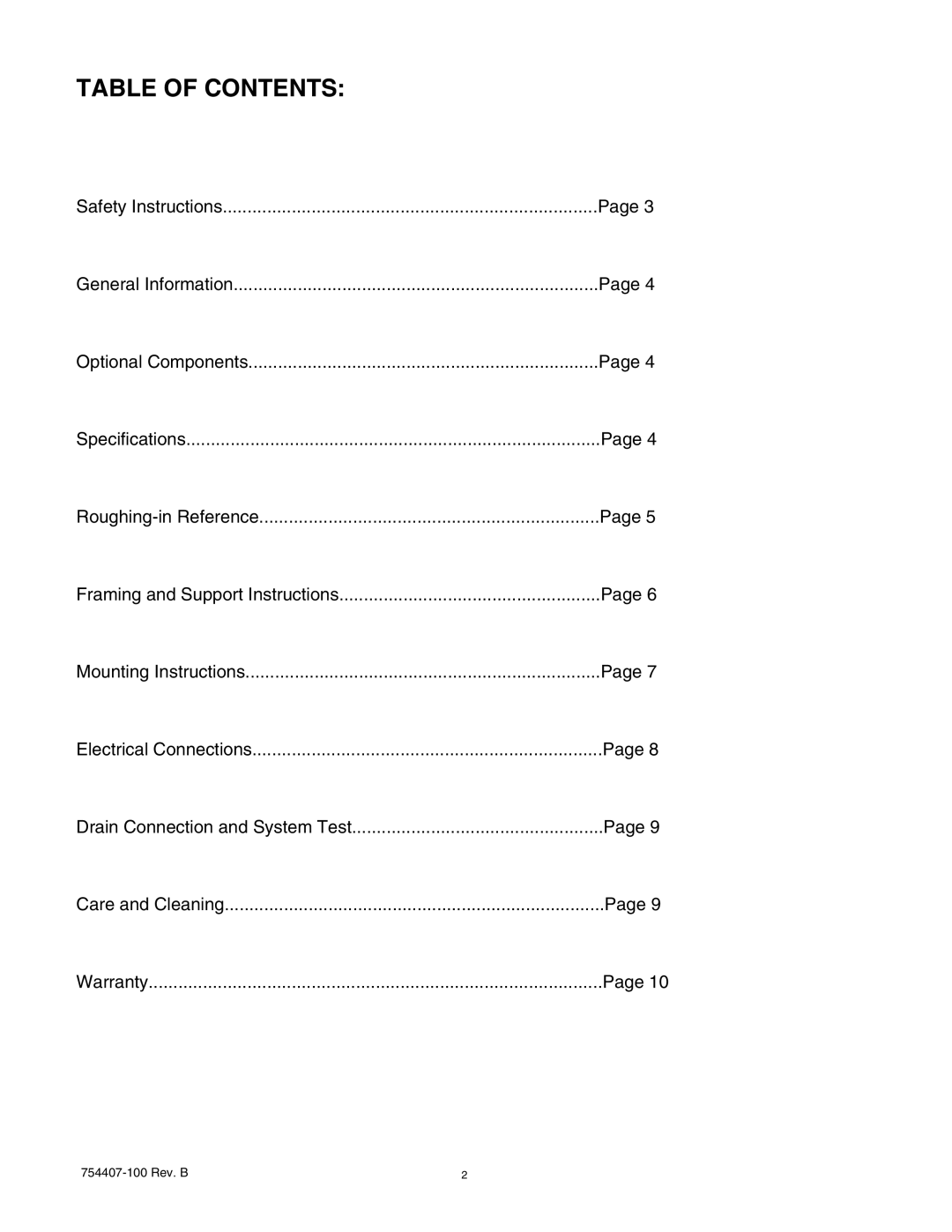 American Standard 2466, 2383, 2371, 2351 manual Table of Contents 