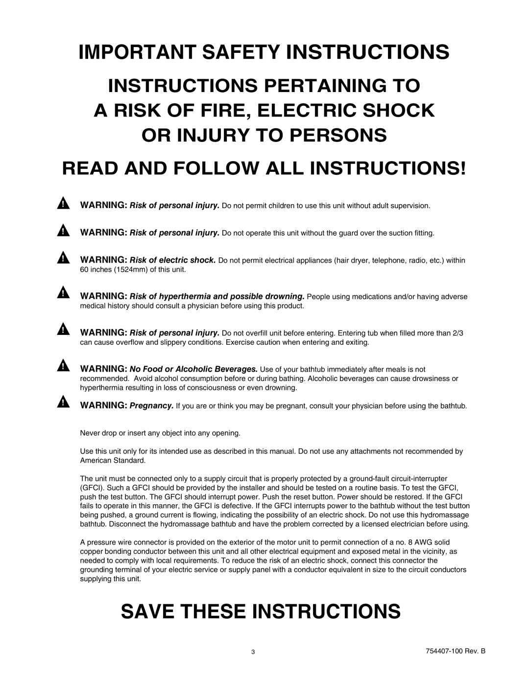 American Standard 2351, 2383, 2371, 2466 manual Important Safety Instructions 