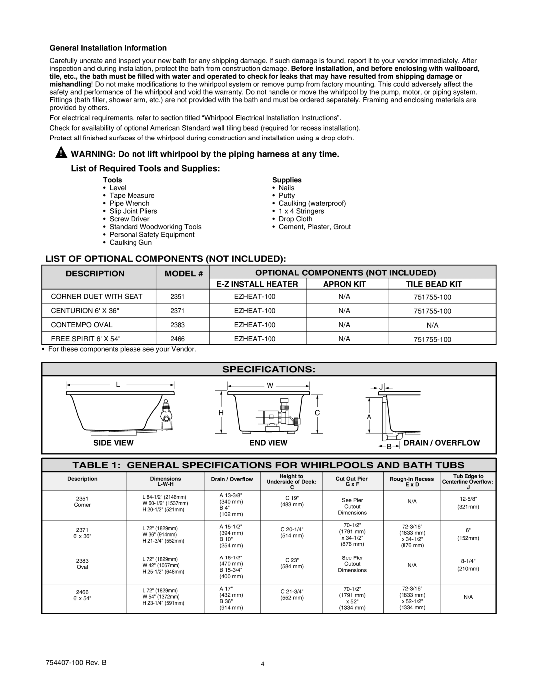 American Standard 2383, 2371 List of Optional Components not Included, Specifications, General Installation Information 