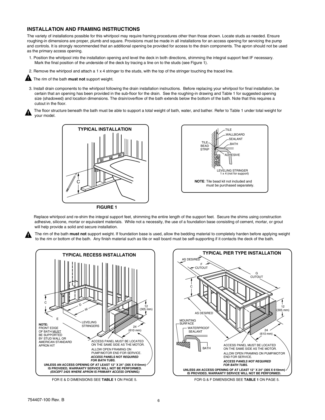 American Standard 2466, 2383, 2371, 2351 manual Installation and Framing Instructions, Typical Installation 