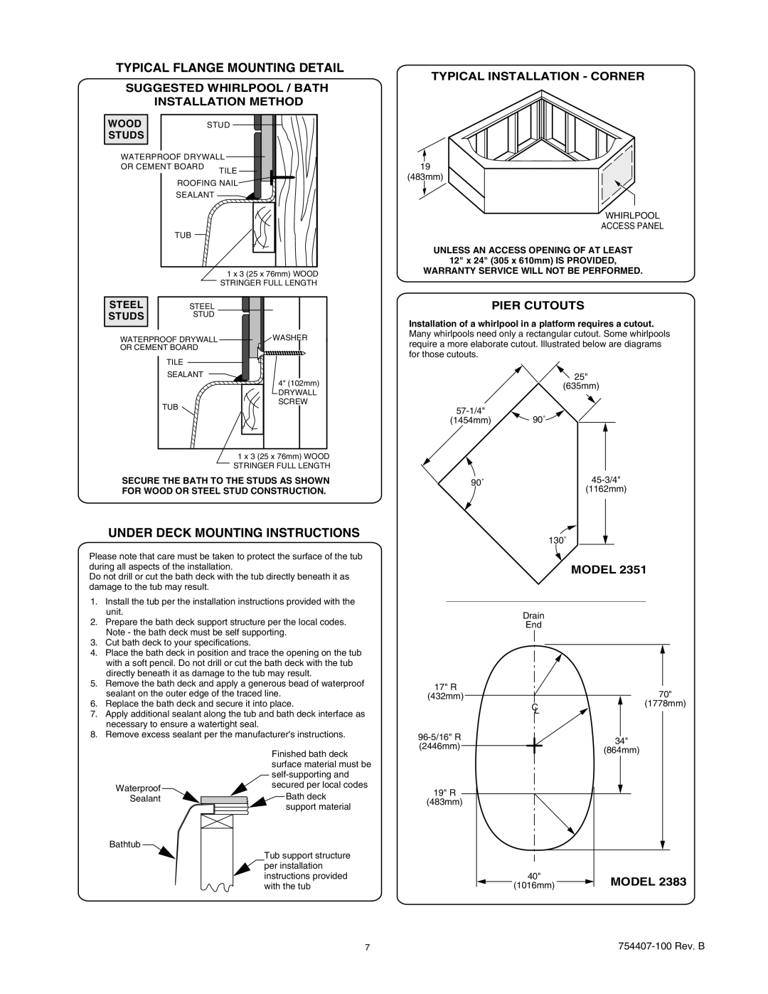 American Standard 2351, 2383, 2371, 2466 manual Typical Flange Mounting Detail, Under Deck Mounting Instructions, Model 