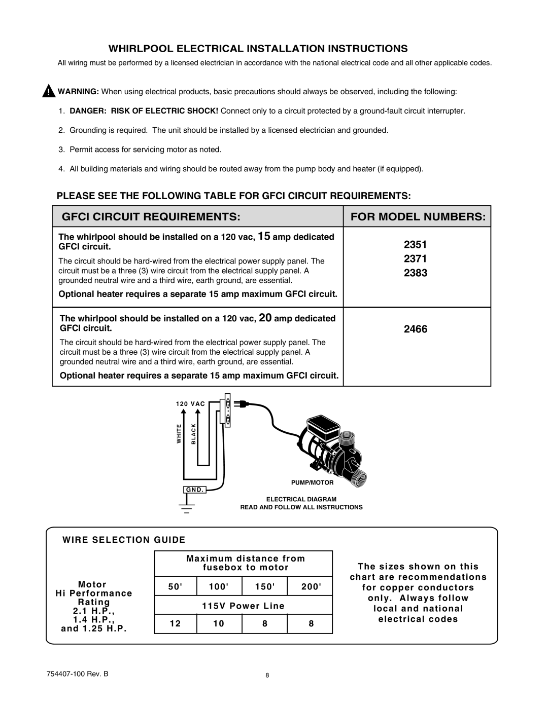 American Standard 2383, 2371, 2466, 2351 manual Whirlpool Electrical Installation Instructions, Wire Selection Guide 