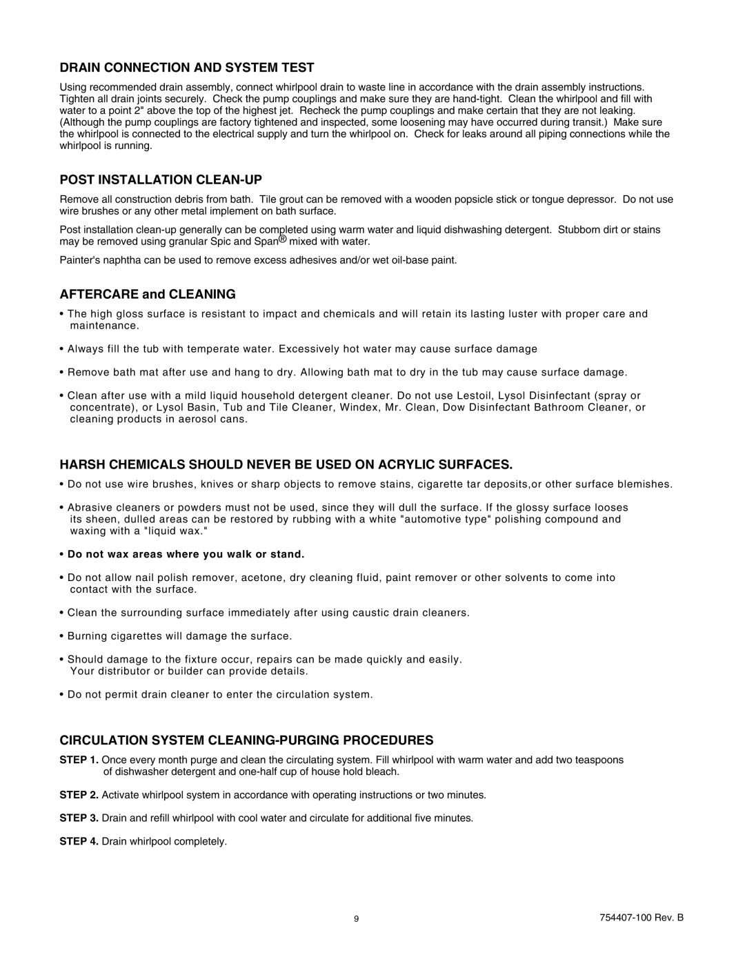 American Standard 2371, 2383, 2466, 2351 manual Drain Connection and System Test, Do not wax areas where you walk or stand 