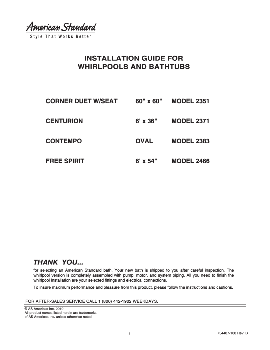 American Standard 2371 manual Installation Guide For Whirlpools And Bathtubs, Thank You, Corner Duet W/Seat, Centurion 