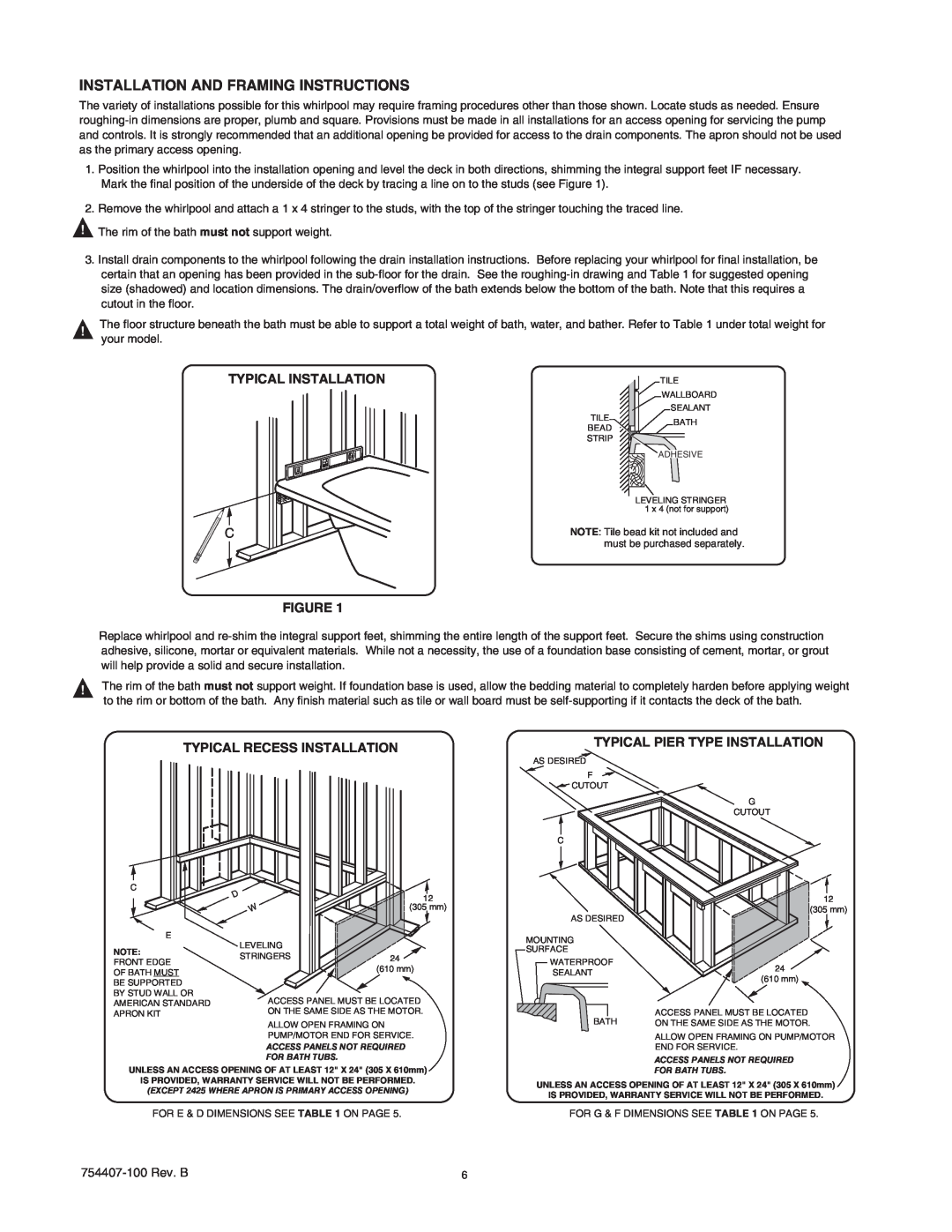 American Standard 2466, 2383, 2371 Installation And Framing Instructions, Typical Installation, Typical Recess Installation 