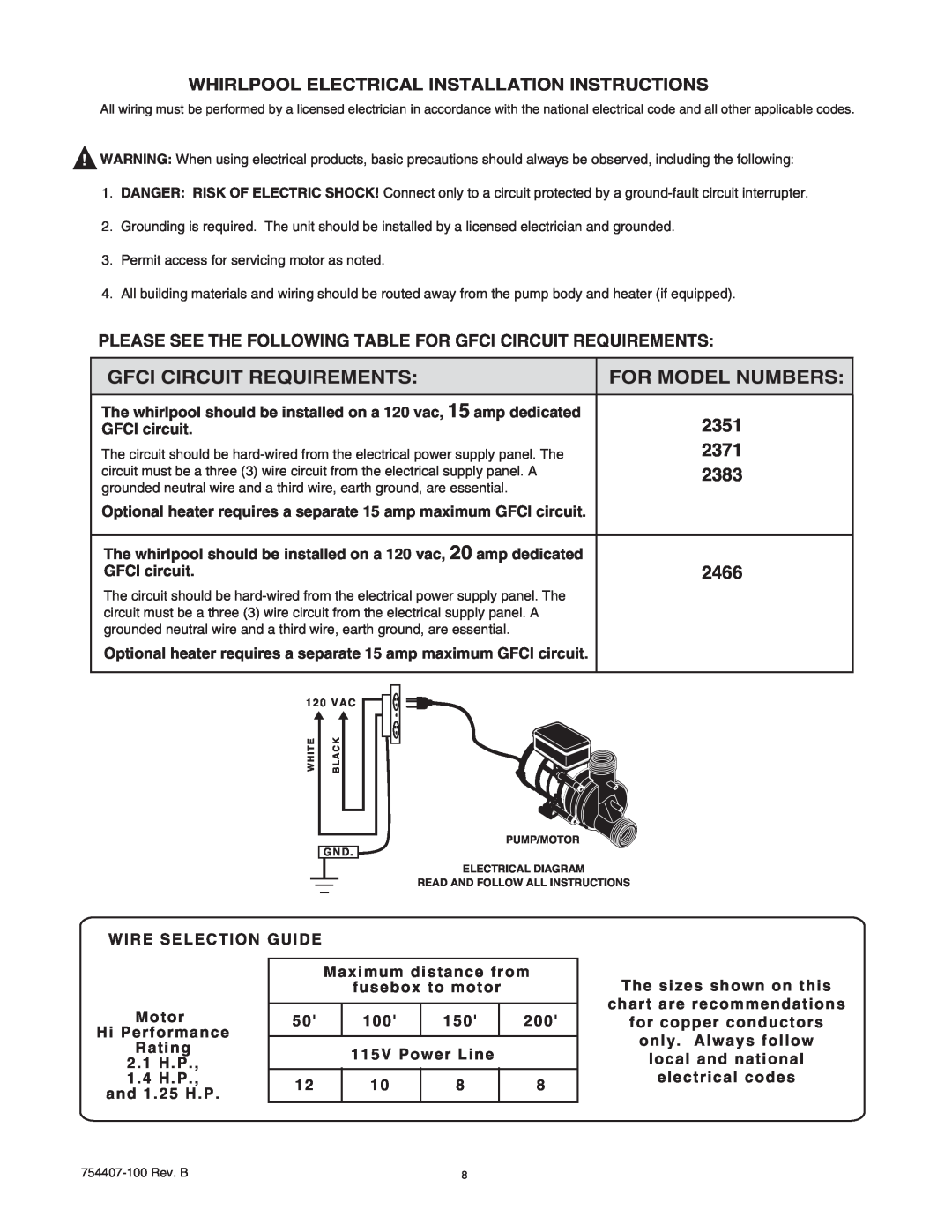 American Standard 2383 manual Gfci Circuit Requirements, For Model Numbers, 2351, 2371, 2466 