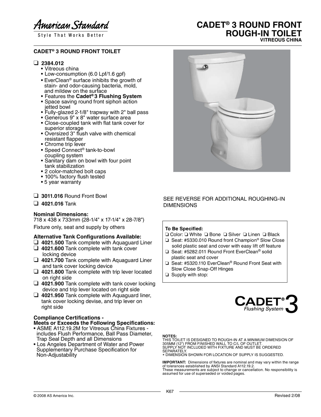 American Standard 2384.012 dimensions Features the Cadet 3 Flushing System, 4021.016, Nominal Dimensions, 4021.500 