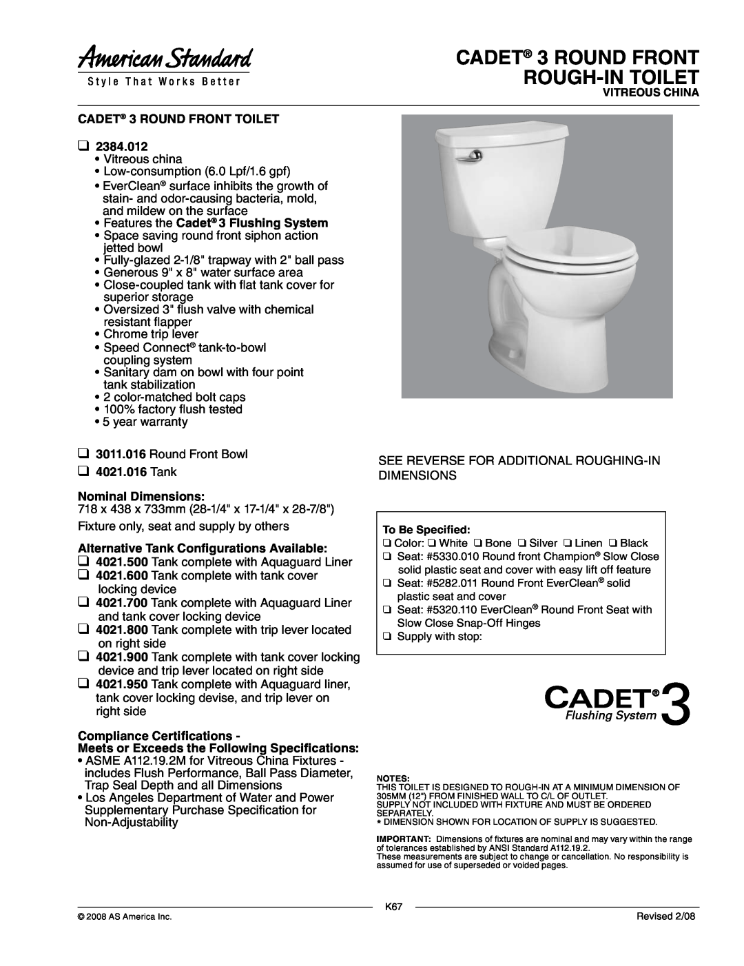 American Standard 2384.012 dimensions CADET 3 ROUND FRONT ROUGH-INTOILET 