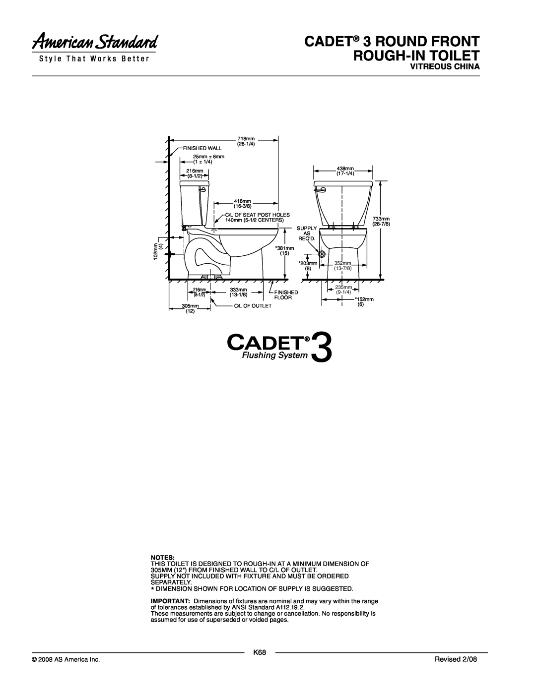 American Standard 2384.012 dimensions CADET 3 ROUND FRONT ROUGH-INTOILET, Vitreous China, Revised 2/08 