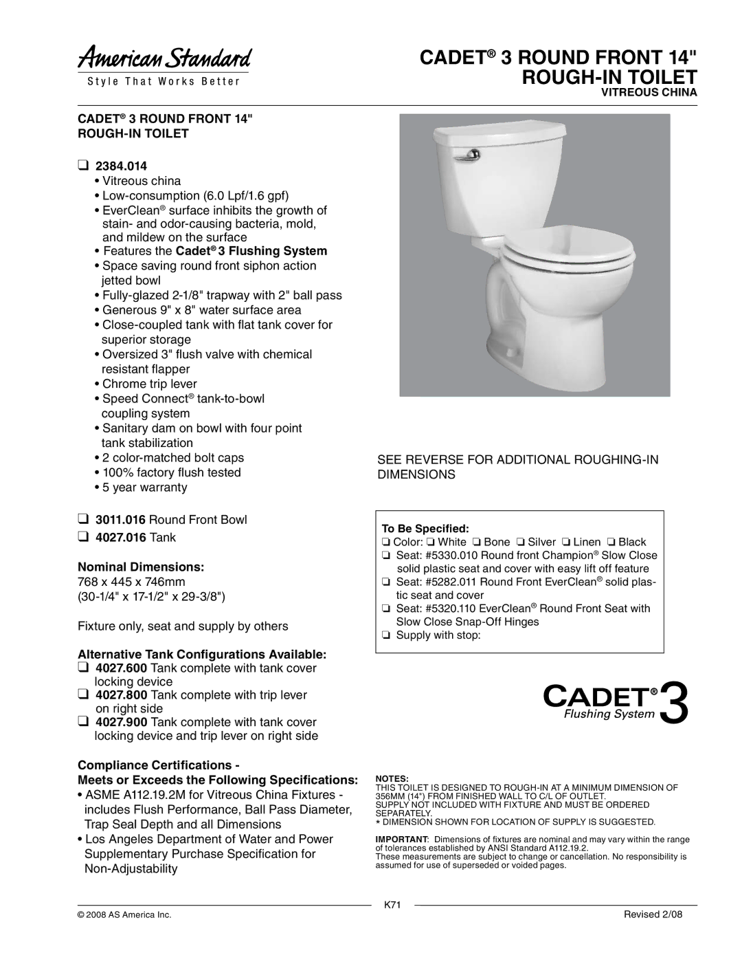 American Standard 2384.014 dimensions Cadet 3 Round Front ROUGH-IN Toilet 