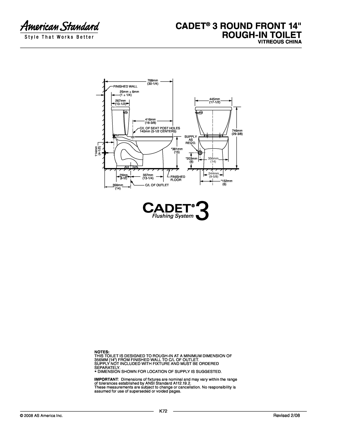 American Standard 2384.014 dimensions CADET 3 ROUND FRONT ROUGH-INTOILET, Vitreous China, Revised 2/08 