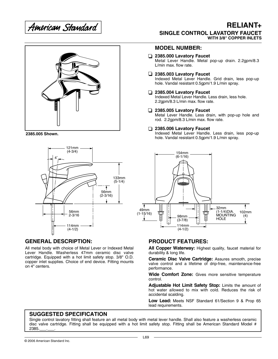 American Standard 2385.005, 2385.006 specifications Single Control Lavatory Faucet, Model Number, General Description 