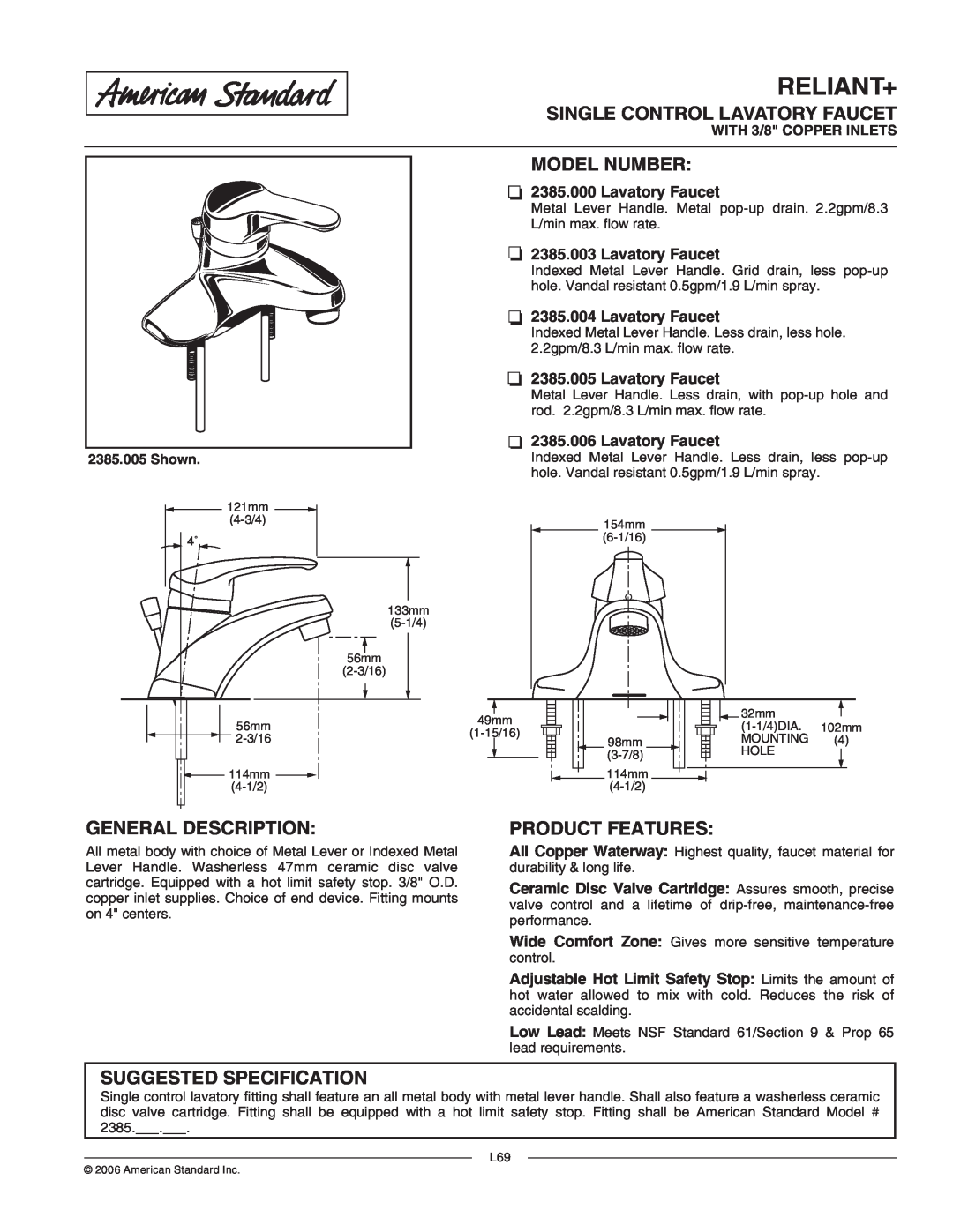 American Standard 2385.005 specifications Reliant+, Single Control Lavatory Faucet, Model Number, General Description 