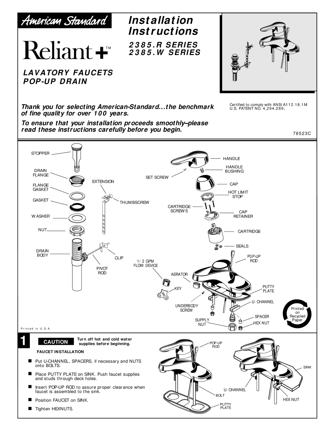 American Standard 2385.R, 2385.W installation instructions Faucet Installation 