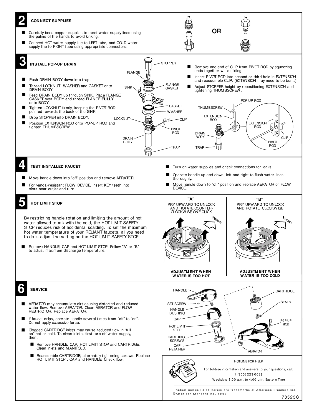 American Standard 2385.W, 2385.R Connect Supplies, Install POP-UP Drain, Test Installed Faucet, HOT Limit Stop, Service 