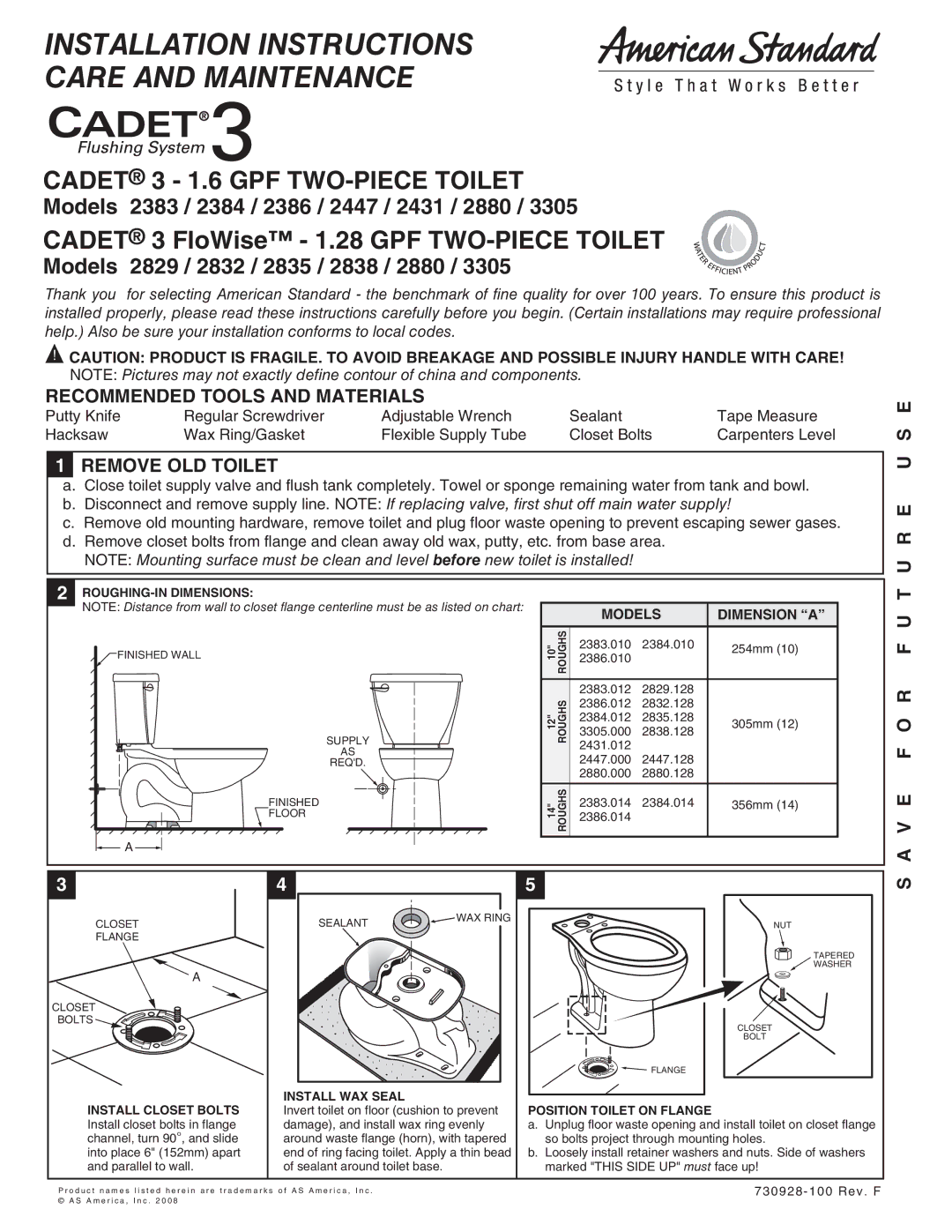 American Standard 2384, 2386, 2383, 2838, 2829 installation instructions Models Dimension a, ROUGHING-IN Dimensions 