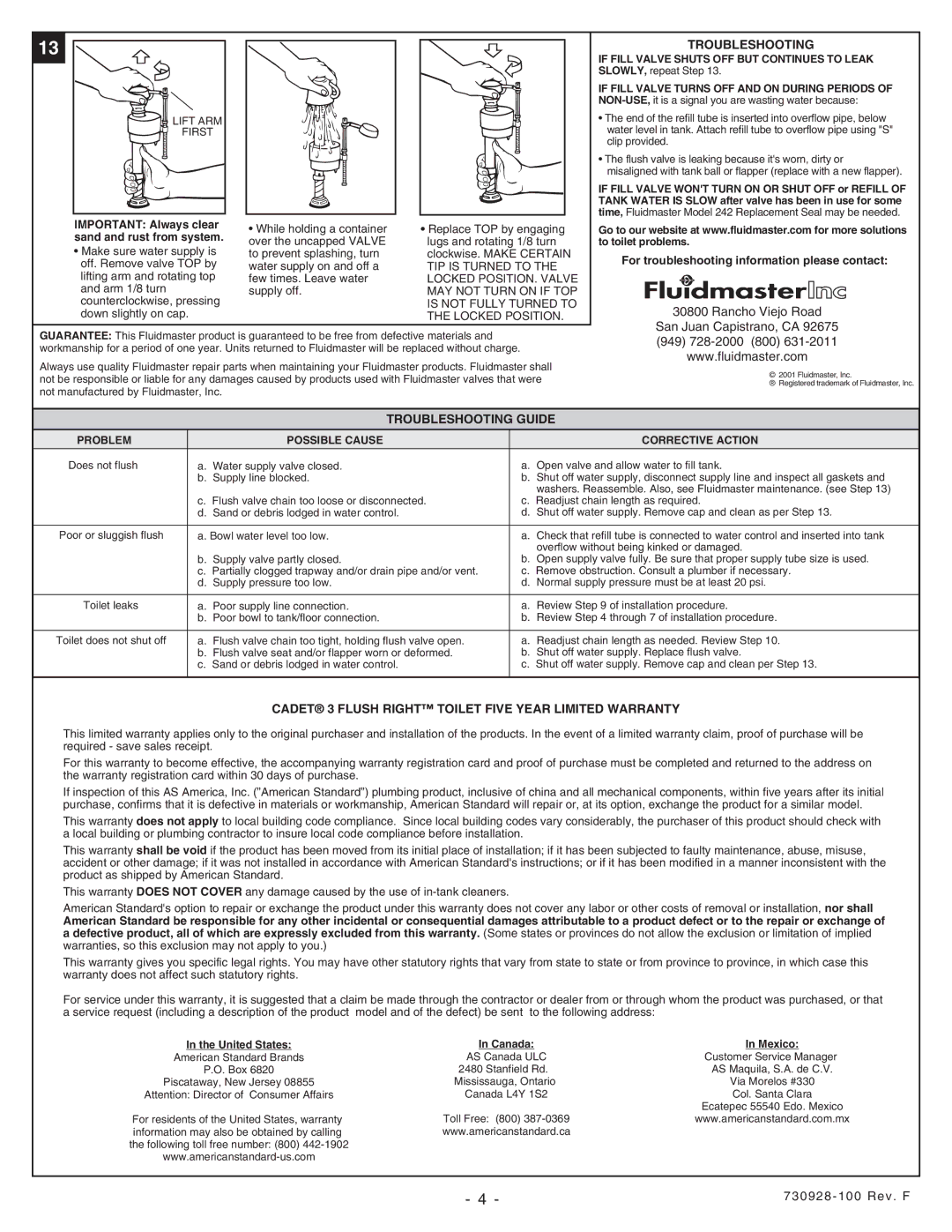 American Standard 2829, 2386, 2384, 2383 Troubleshooting Guide, Cadet 3 Flush Right Toilet Five Year Limited Warranty 