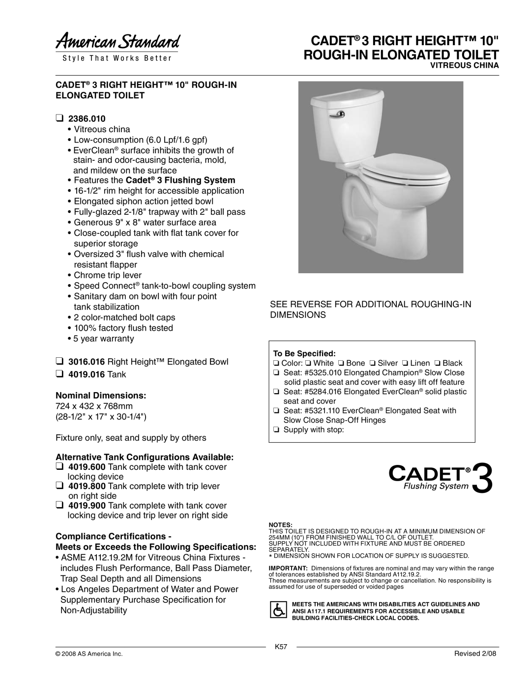 American Standard 2386.010 dimensions Features the Cadet 3 Flushing System, Tank, Nominal Dimensions 