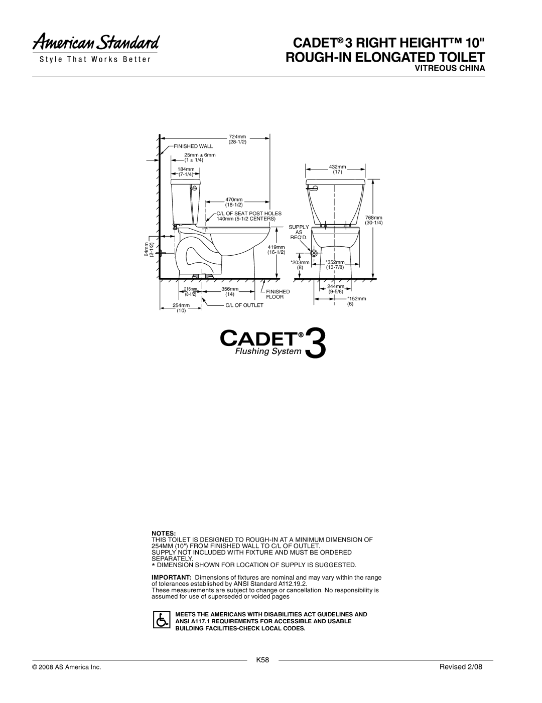 American Standard 2386.010 dimensions Cadet 3 Right Height 10 Rough-in Elongated Toilet 