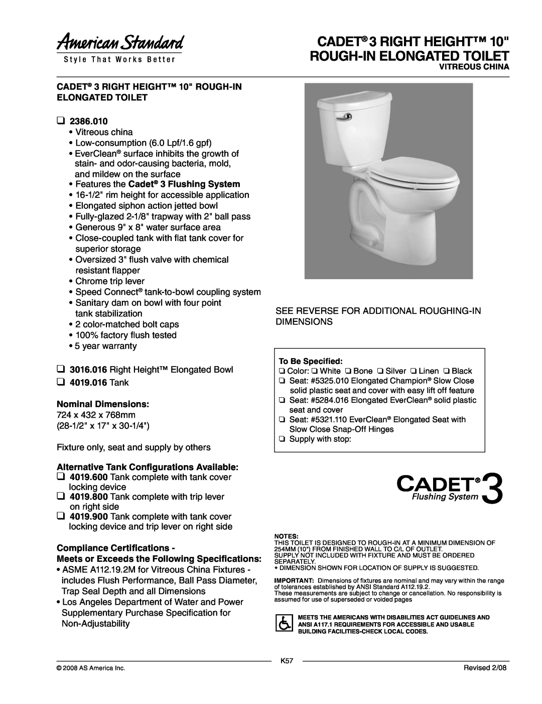 American Standard 2386.010 dimensions CADET 3 RIGHT HEIGHT Rough-inELONGATED TOILET, Features the Cadet 3 Flushing System 