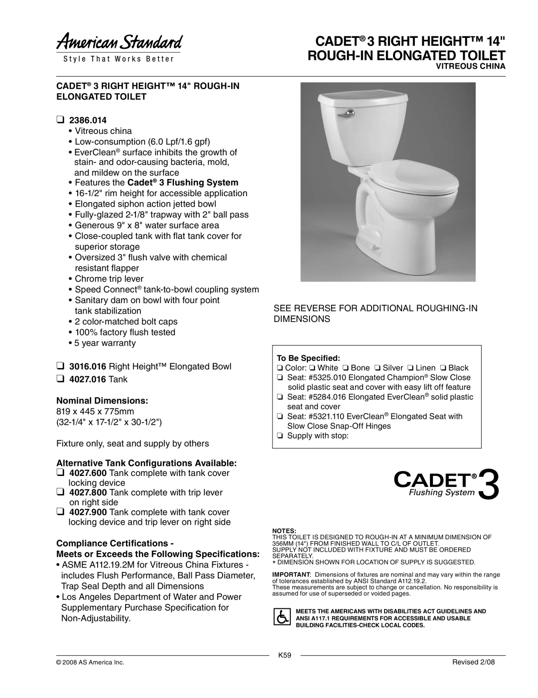 American Standard 2386.014 dimensions Features the Cadet 3 Flushing System, Tank, Nominal Dimensions 