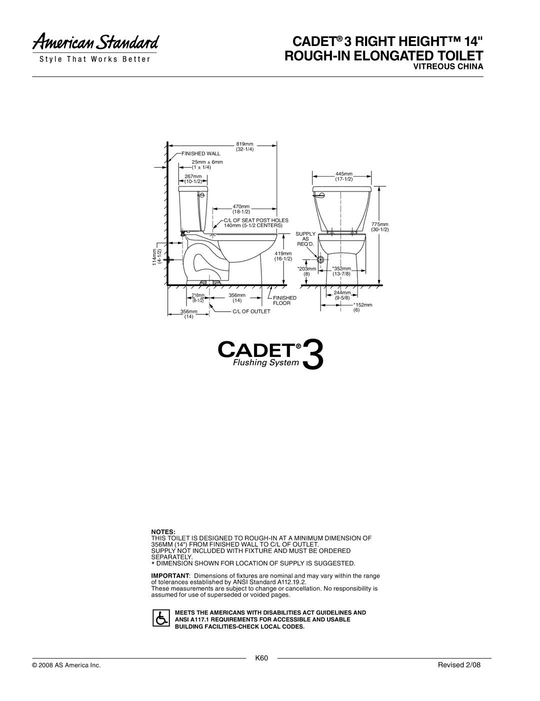 American Standard 2386.014 dimensions Cadet 3 Right Height 14 Rough-in Elongated Toilet 