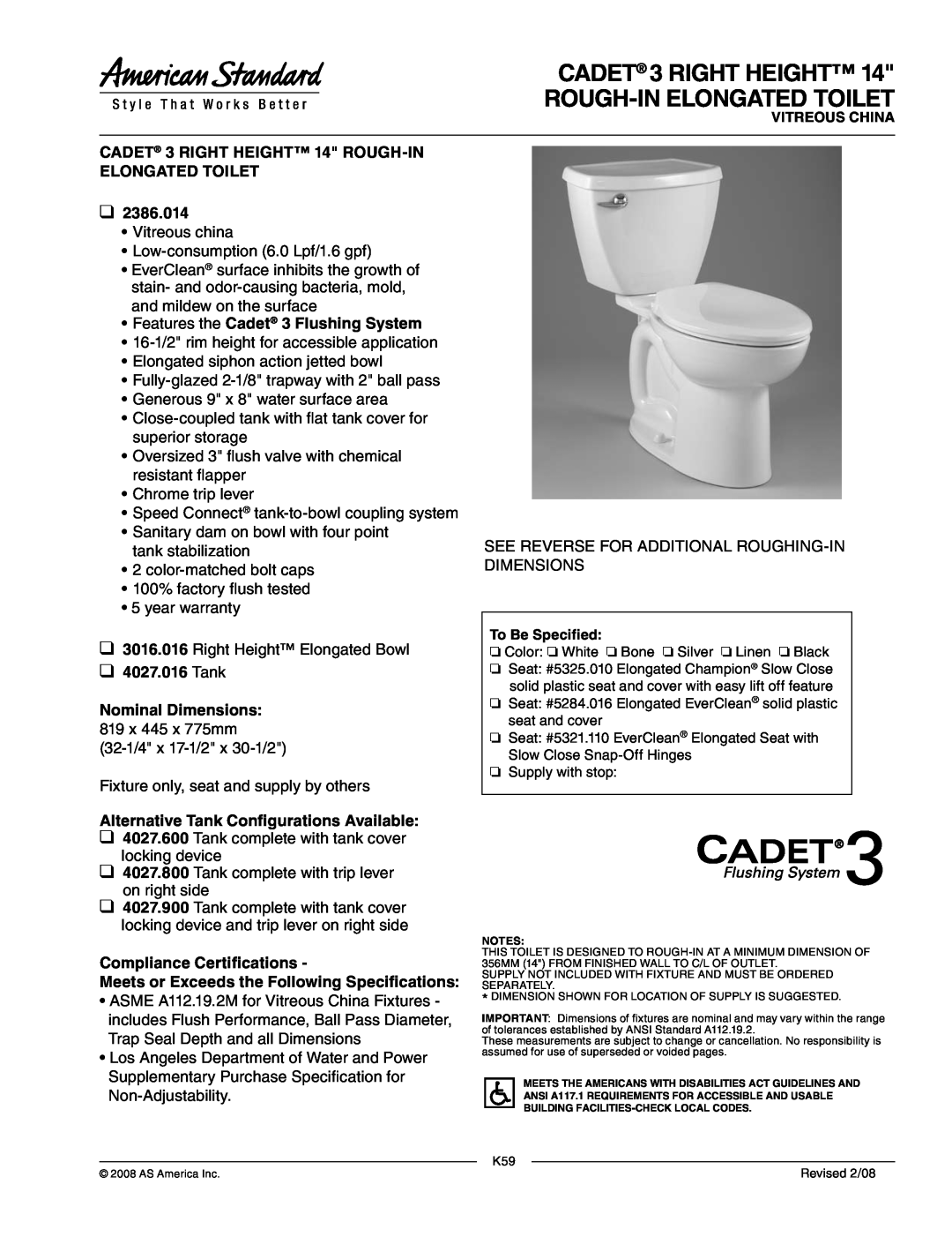 American Standard 2386.014 dimensions CADET 3 RIGHT HEIGHT Rough-inELONGATED TOILET, Features the Cadet 3 Flushing System 
