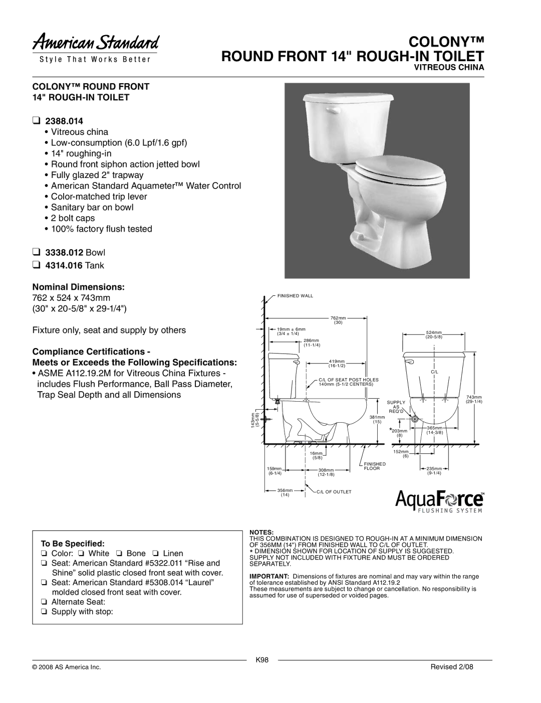 American Standard 3338.012, 2388.014 dimensions Colony Round Front 14 ROUGH-IN Toilet 