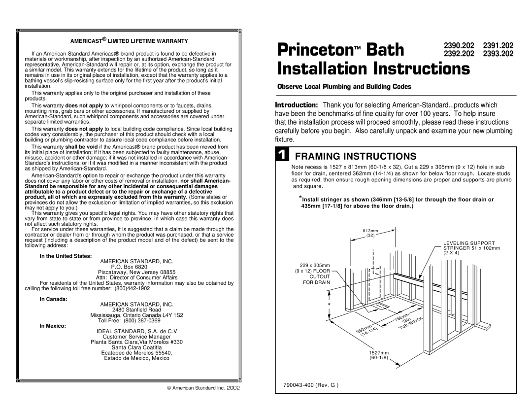 American Standard 2390.202 installation instructions Framing Instructions, Americast Limited Lifetime Warranty, Canada 