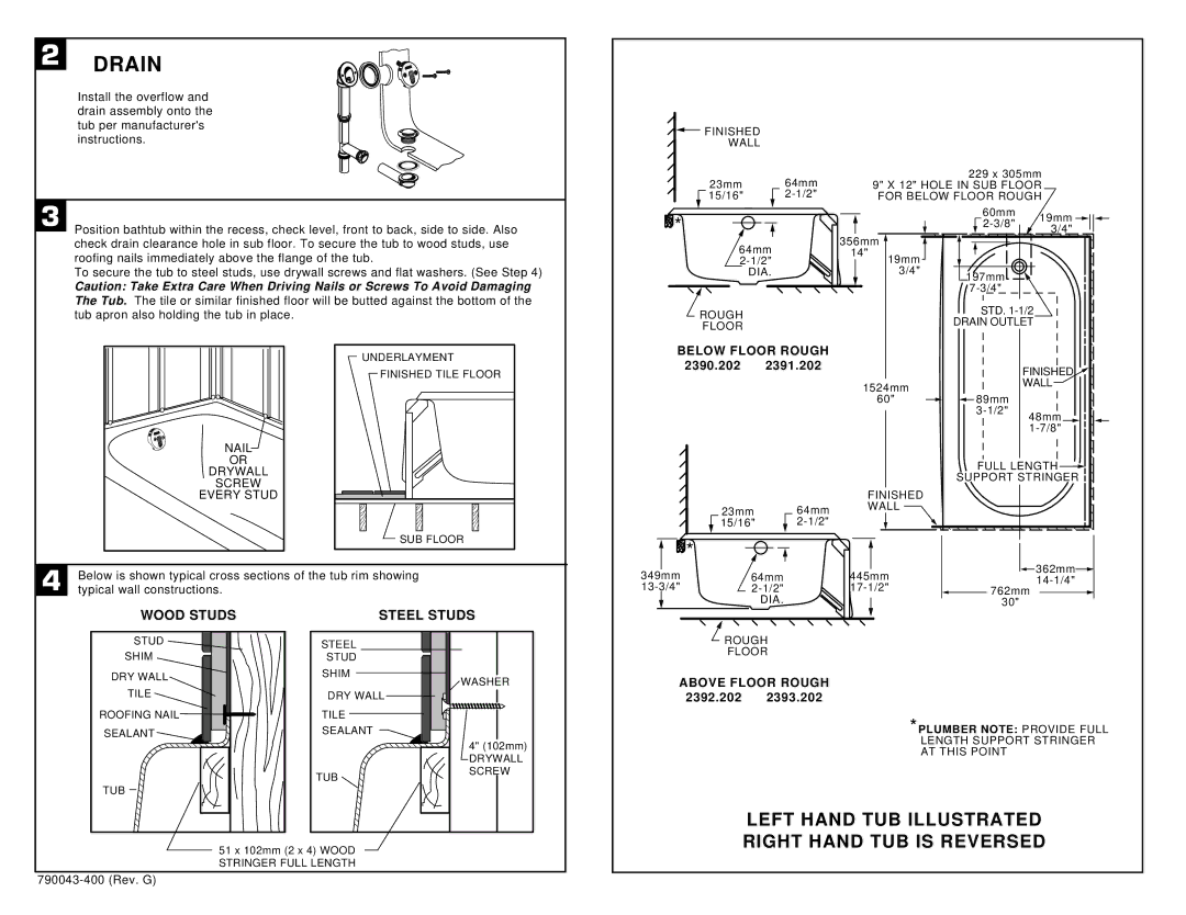 American Standard 2391.202, 2390.202 Drain, Wood Studs Steel Studs, Below Floor Rough, Above Floor Rough 