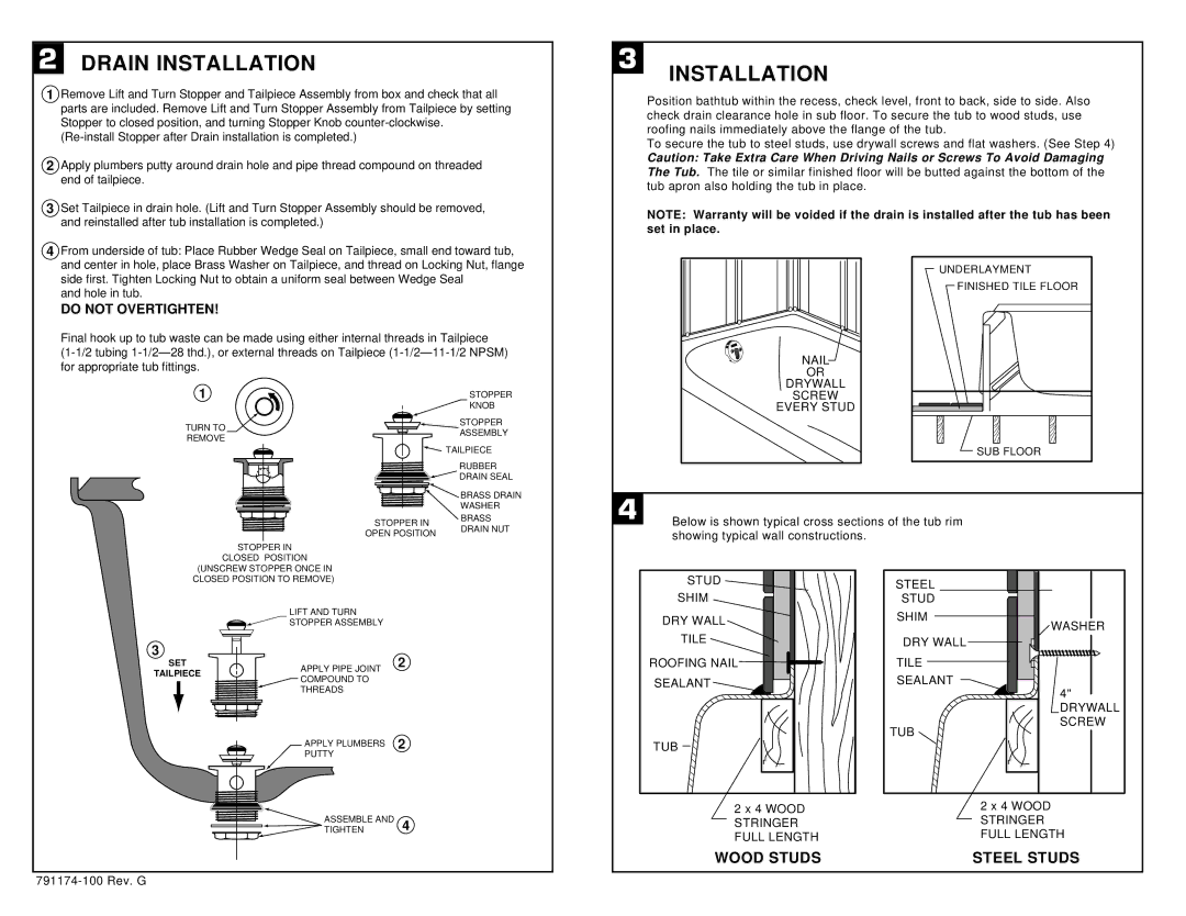 American Standard 2391.202, 2390.202 installation instructions Drain Installation, Do not Overtighten 