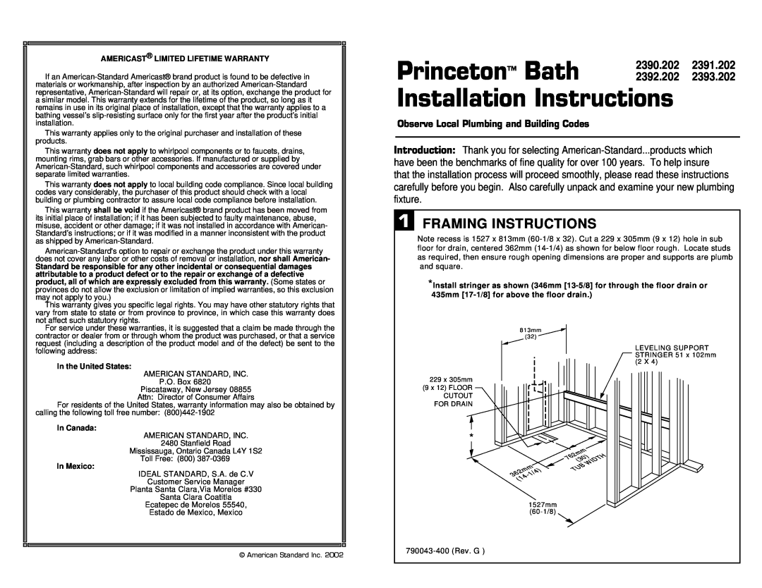 American Standard 2390.202 installation instructions Princeton Bath, Installation Instructions, Framing Instructions 