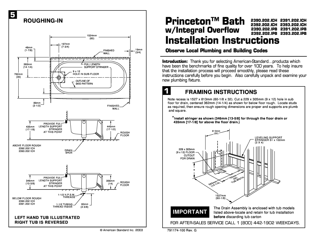 American Standard 2390.202, 2391.202 Roughing-In, Framing Instructions, Observe Local Plumbing and Building Codes 