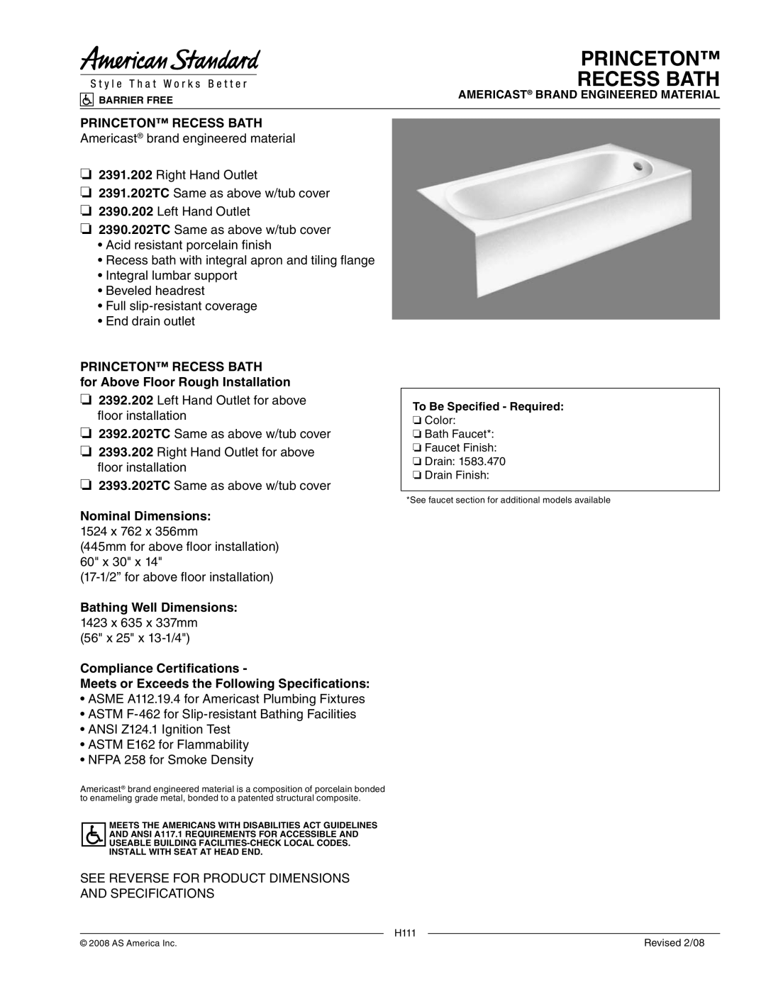 American Standard 2392.202TC dimensions Princeton Recess Bath, For Above Floor Rough Installation, Nominal Dimensions 