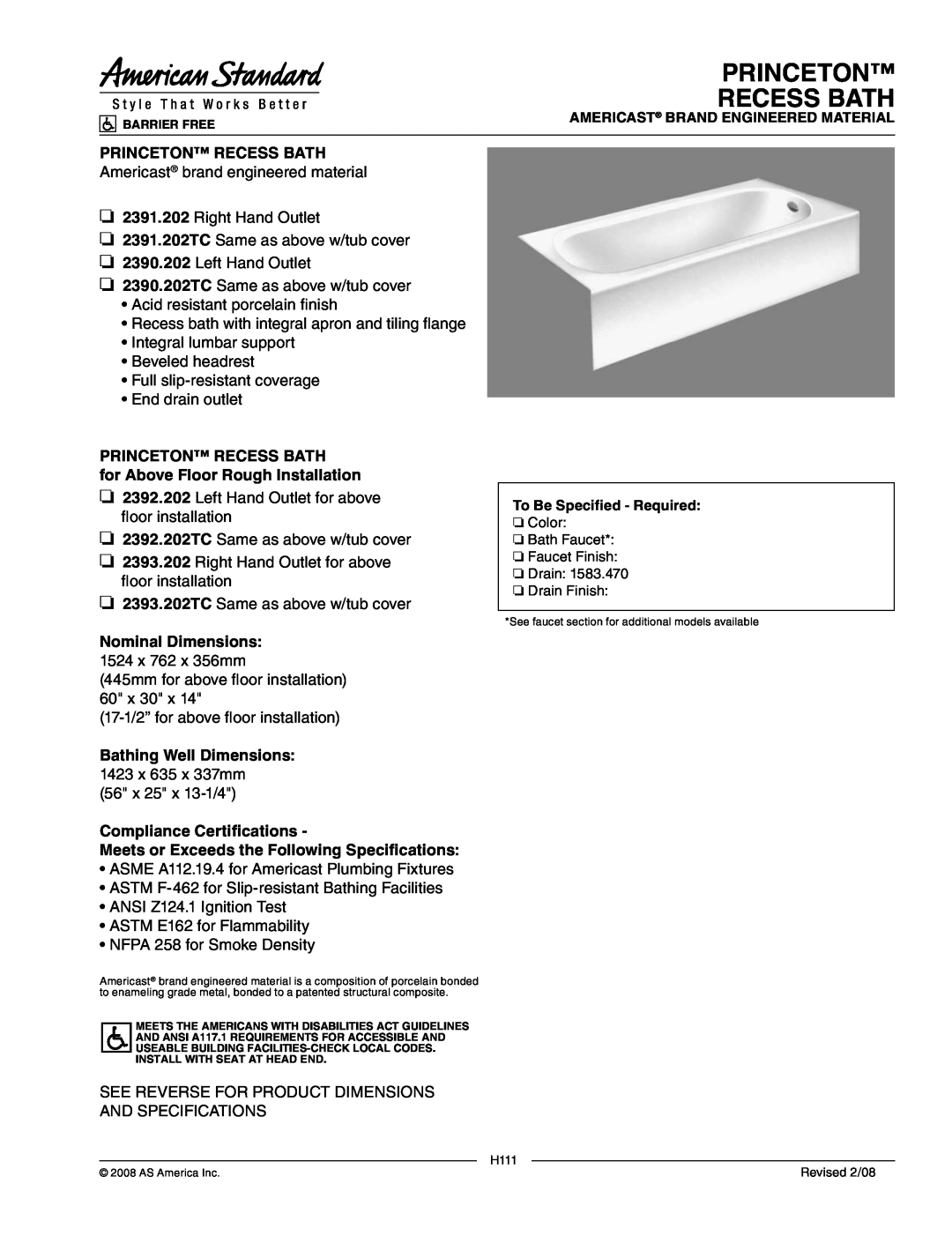 American Standard 2392.202TC dimensions Princeton Recess Bath, PRINCETON RECESS BATH for Above Floor Rough Installation 