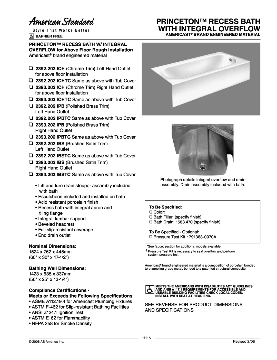 American Standard 2393.202 ICHTC dimensions Princeton Recess Bath With Integral Overflow, Nominal Dimensions 